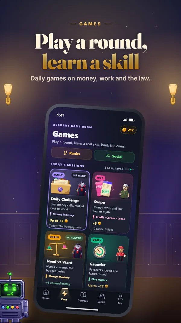 Games: play a round, learn a skill. Daily games on money, work and the law.